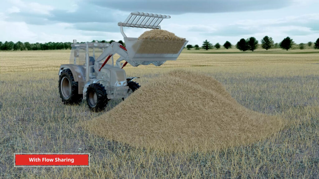 3D Animationeines Traktor vor einem Heuhaufen mit Textfeld "with flow sharing"