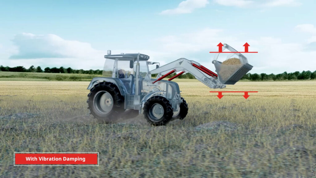3D Animation eines Traktors mit voller Schaufel und Textfeld " with vibration damping""