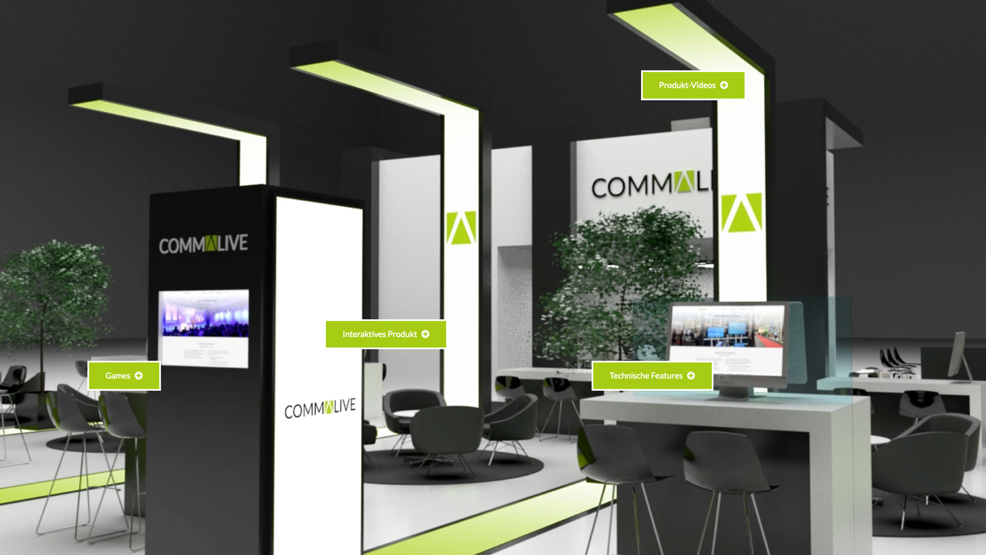 Frontal Ansicht auf einen virtuellen Messestand von Commalive mit Touch Points