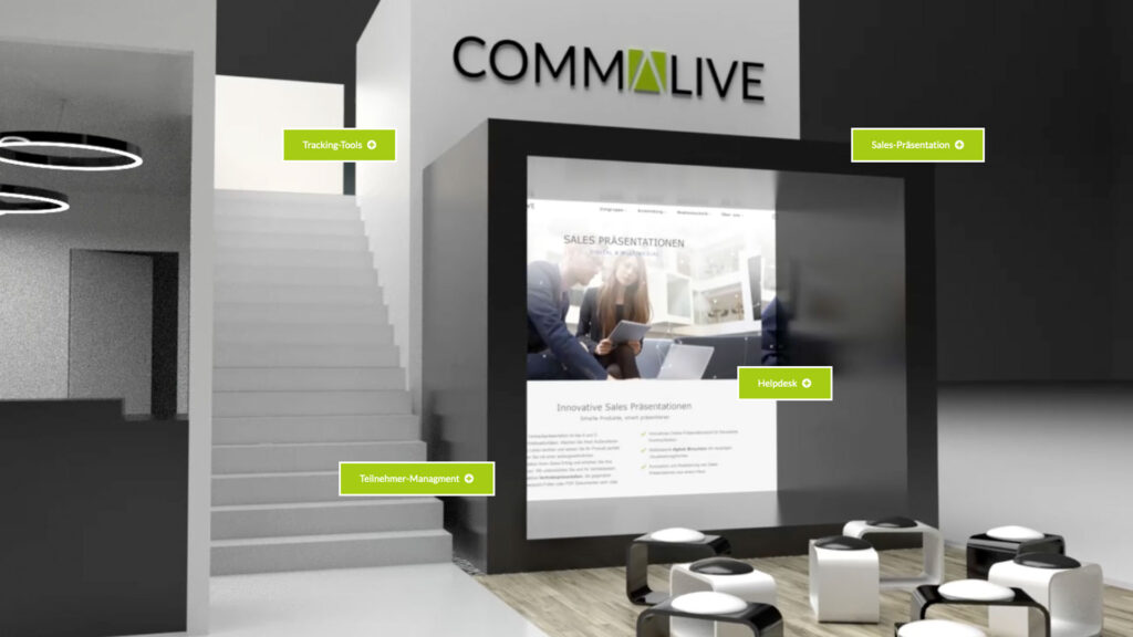 Ansicht einer Sitzecke mit Monitor und Sales Präsentation auf einem virtuellen Messestand von Commalive mit Touch Points