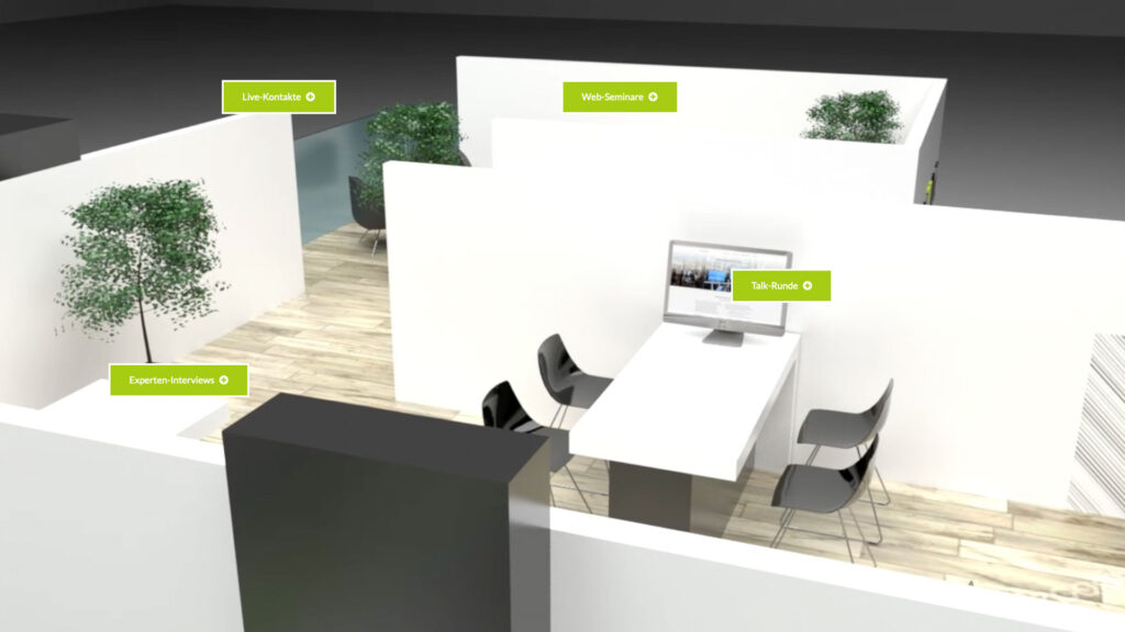 Ansicht eines Meetingraums auf einem virtuellen Messestand von Commalive mit Touch Points
