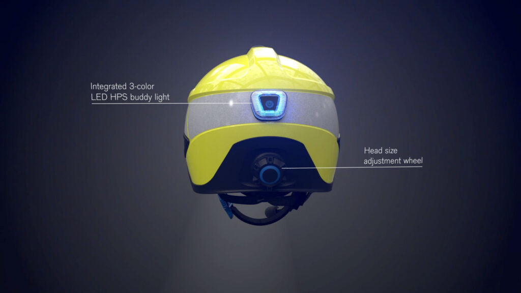 Rückansicht eines 3D animierten Helmes von Dräger mit Beschriftung