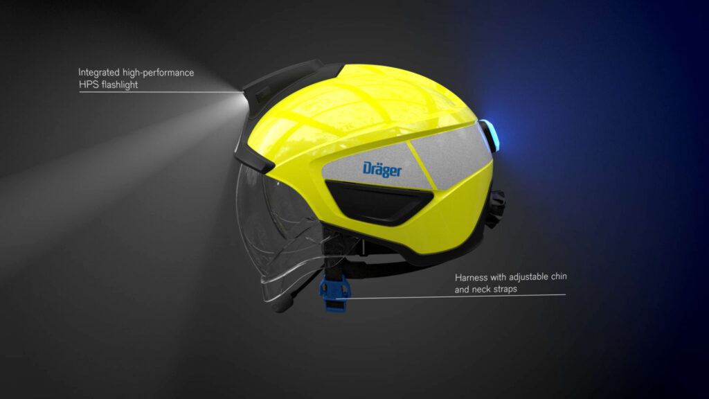 Seitenansicht eines 3D animierten Helmes von Dräger mit Beschriftung