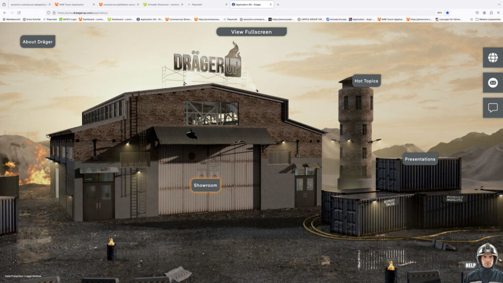 Startseite des virtuellen Showrooms von Dräger mit dreidimensionaler Industrieanlage und Touch Points