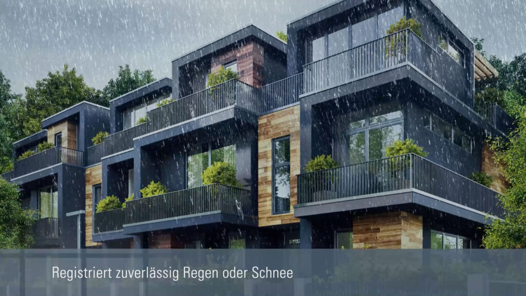 Ausschnitt aus einem 3D Werbefilm für den Windancer von Elsner Elektronik mit Häusern bei Regenwetter