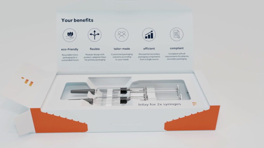 3D Animation eines Inlays einer Pharmazeutischen Verpackung für zwei Spritzen