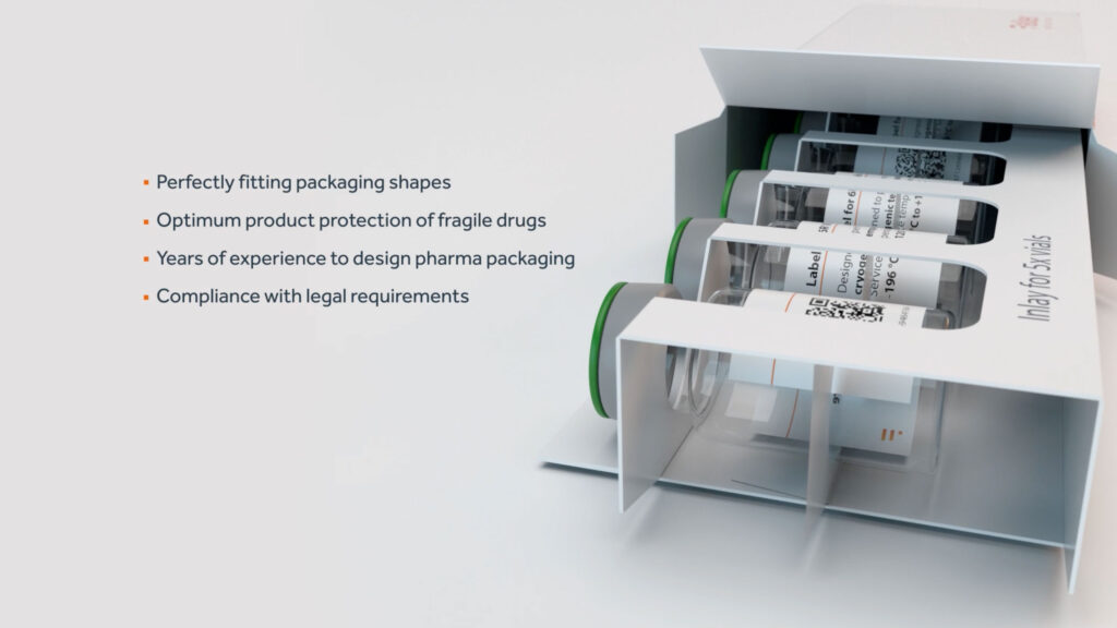 3D Animation eines Inlays für 5 Vials einer Pharmazeutischen Verpackung von Faller