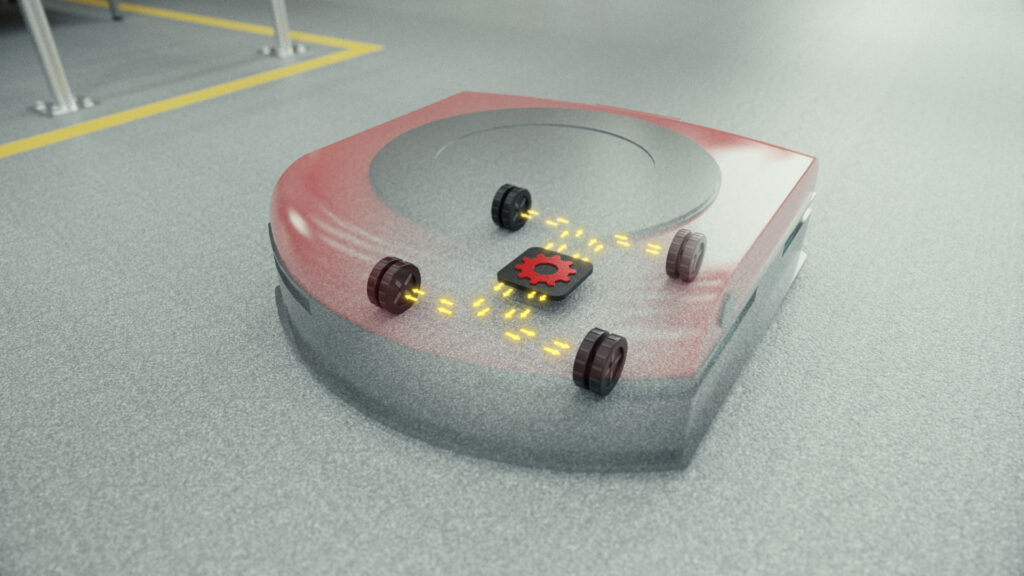 3D Animation eines Roboters des Transportsystems von Kendrion mit Hervorhebung der Räder