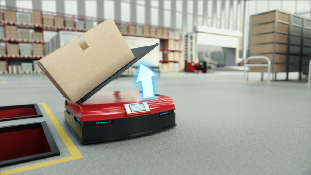 3D Animation die das Anheben eines Paketes durch das automatisierten Transportsystems von Kendrion visualisiert