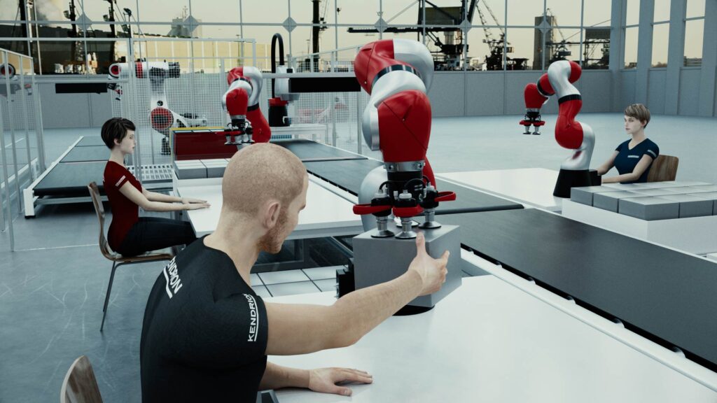3D Visualisierung der Zusammenarbeit von Menschen mit Robotergreifarmen von Kendrion