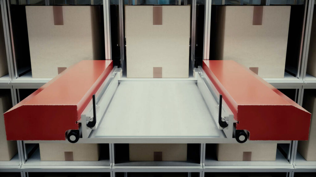 3D Animation eines Hochregallagers mit unbeladenem Sortier Shuttle von Kendrion