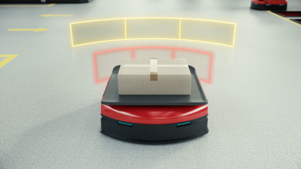 3D Animation eines Roboters des Transportsystems von Kendrion mit Darstellung der Sensorik