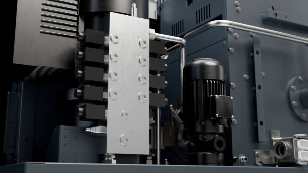 3D Aimation eines Ventilblocks und Saugpumpe der Kühlschmiermittel Fitration Maschine von Knoll