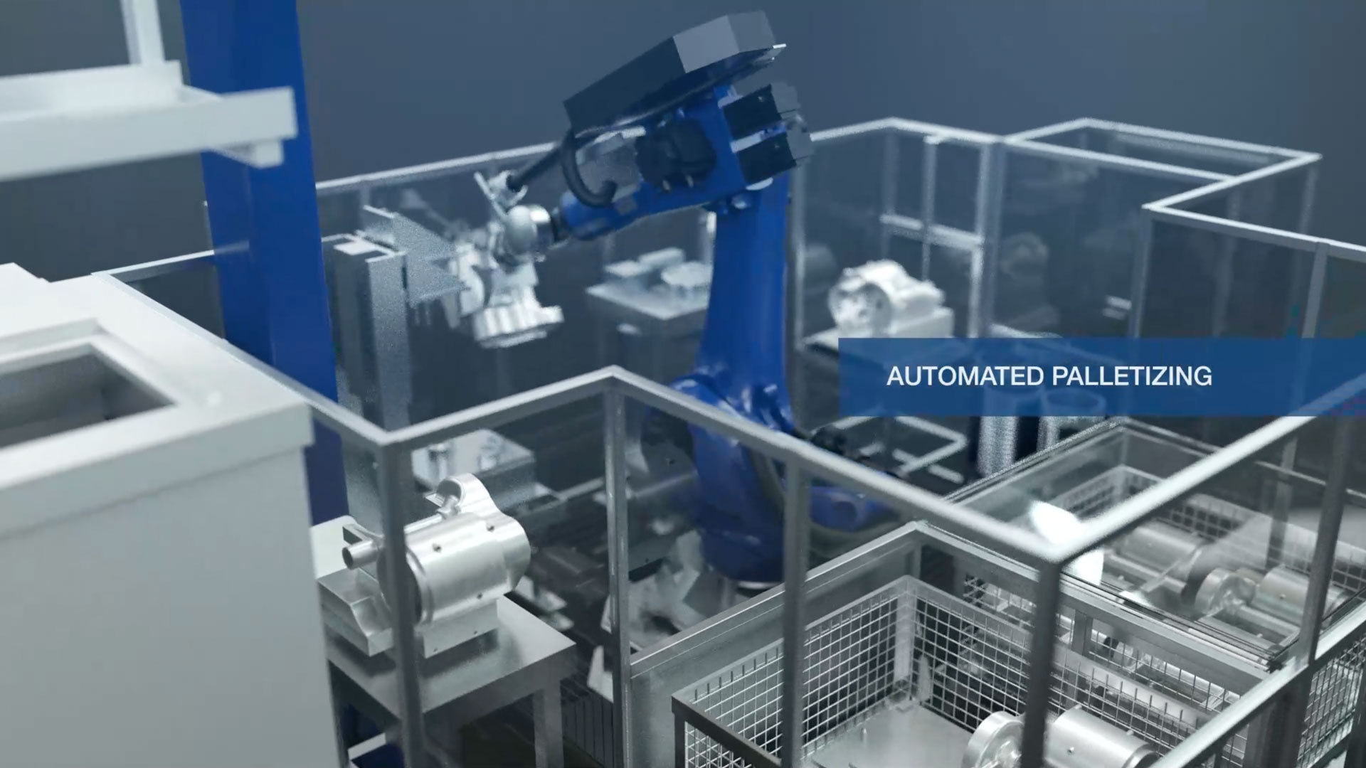 3D Animierte Ansicht in eine Fertigungszelle mit beladenem Robotergreifarm von Läpple