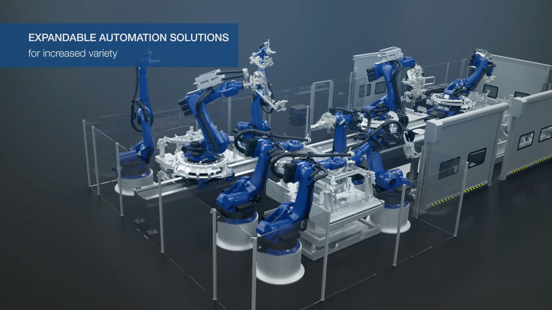 3D Animierte Fertigungsanlage mit Robotergreifarmen und modularem Aufbau Gesamtansicht
