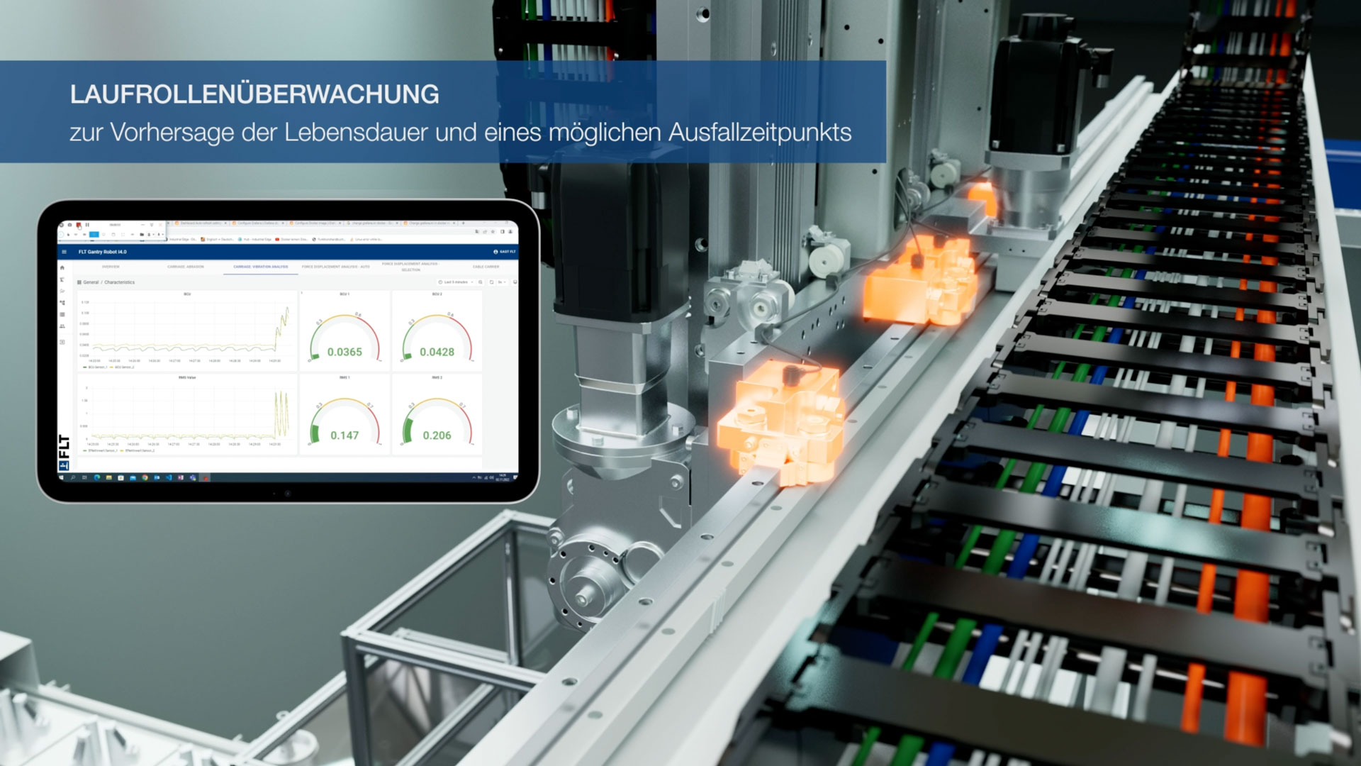 3D Animierte Ansicht in eine Maschine mit Tablet und Laufkontrollenüberwachung von Läpple