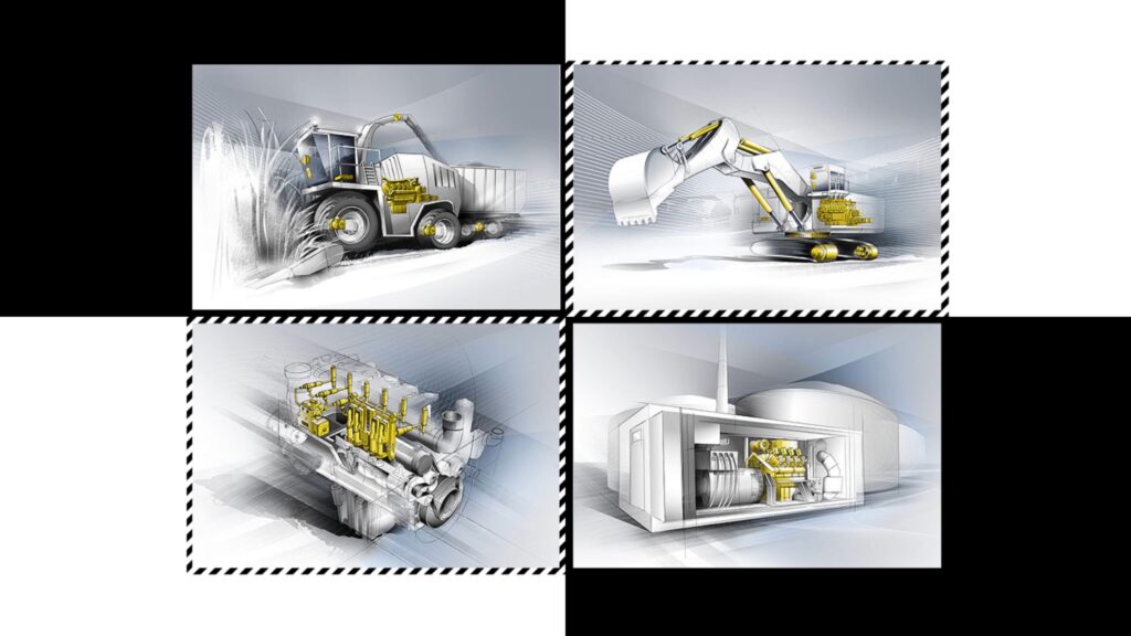 Screenshot aus dem Corporate Video von Liebherr zeigt 4 Illustrationen von Maschinen