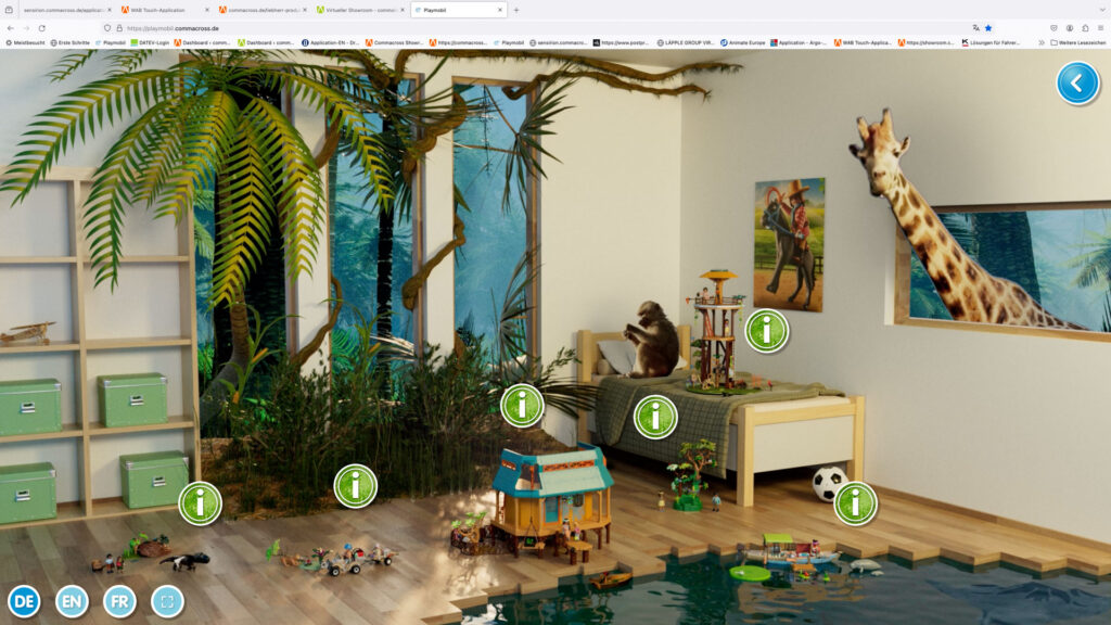 Virtuelle Ausstellung des Playmobil Sets Wiltopia in einem dreidimensionalen Kinderzimmer mit Touch Points