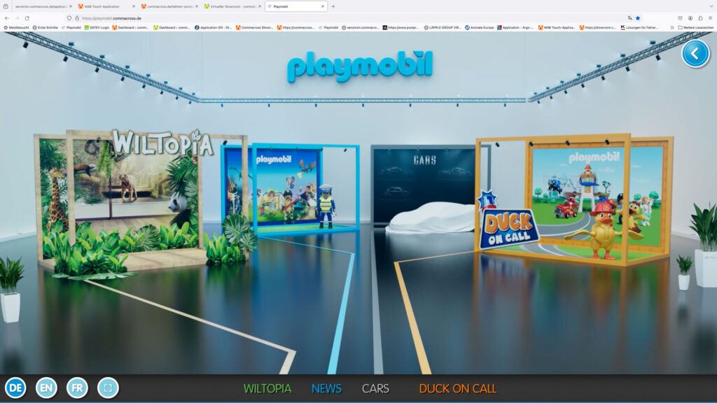 Virtuelle Produktausstellung von vier Playmobil Sets mit Buttons