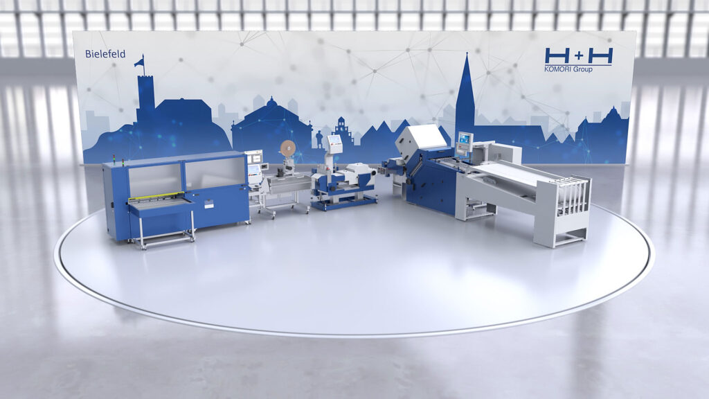 3D Animation einer H+H Komori Group Druckmaschine von Postpress