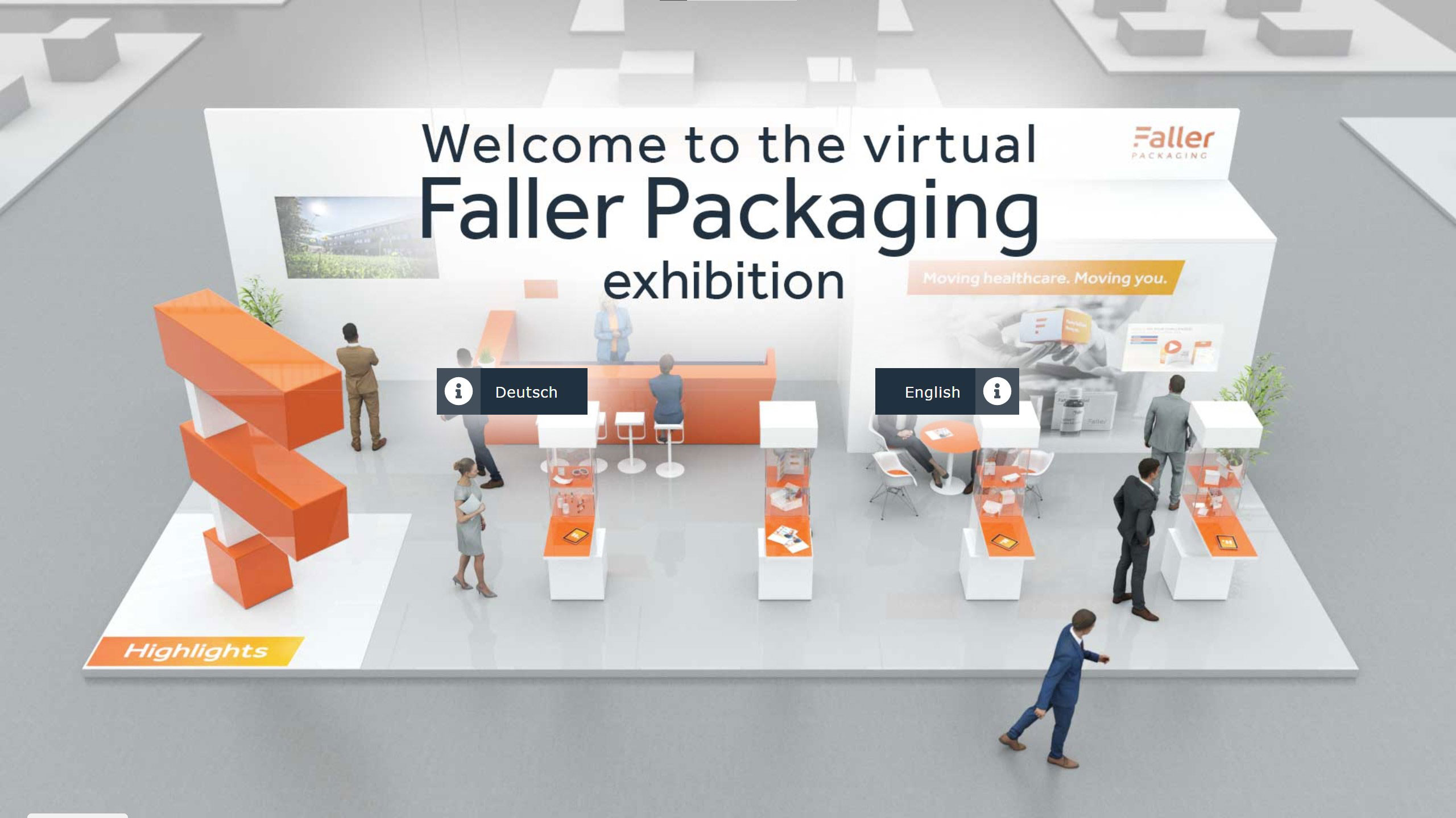 Virtueller Messestand von Faller Packaging mit Sprachauswahl Deutsch oder Englisch