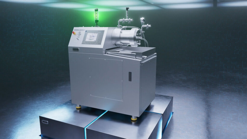 3D Animation einer Frontalaufnahme einer Dynomill ECM-AP Maschine von WAB mit grünem Licht