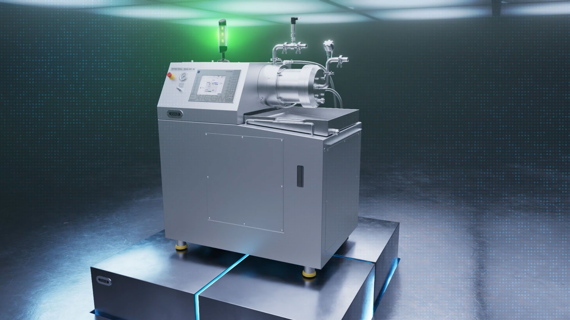 3D Animierte Frontalaufnahme einer Dynomill ECM-AP Maschine von WAB mit grünem Licht