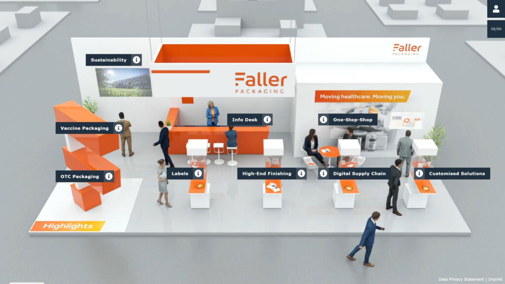 Übersicht des 3D Messestands von Faller Packaging mit verschiedenen Touchpoints