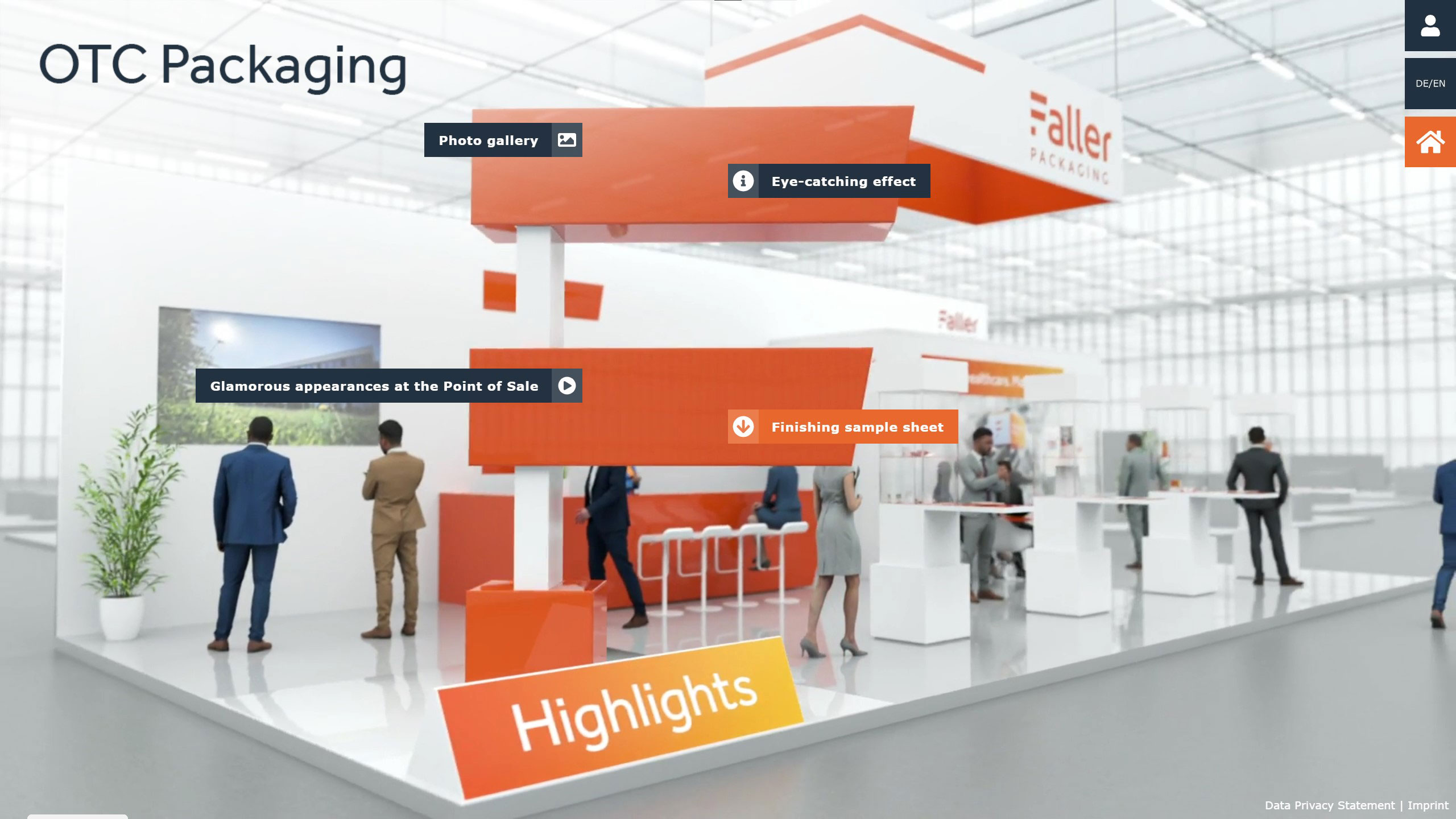 Virtueller Messestand von Faller Packaging mit Highlights und Touch Points