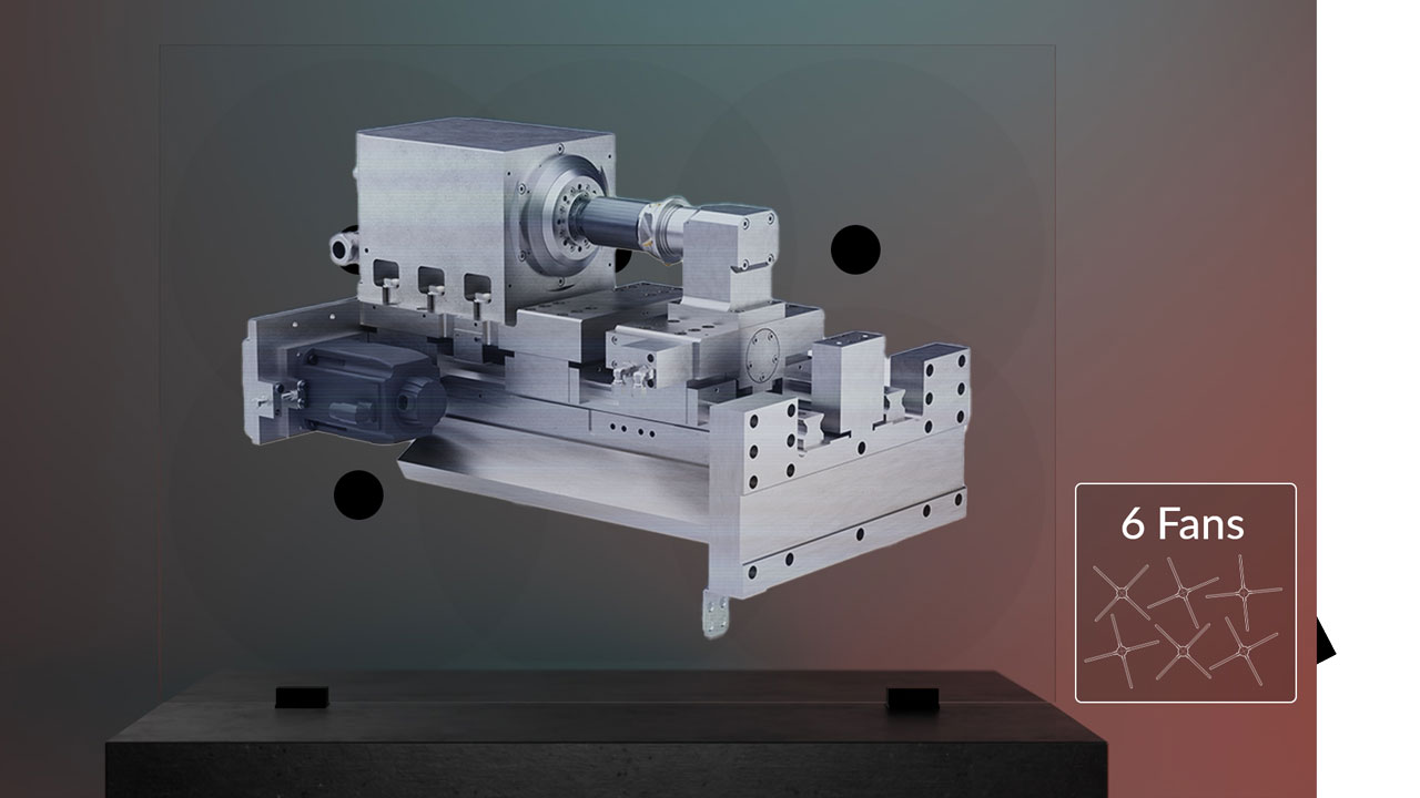 6 Hologramm Ventilatoren mit einer projizierten 3D-Animation eines DVS Produktes