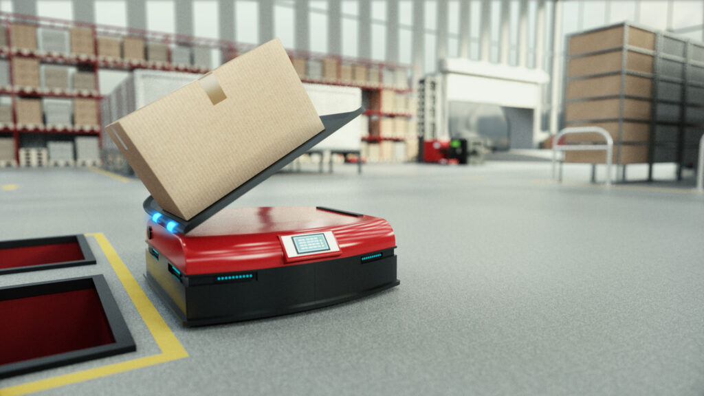 3D Animation die das Abladen eines Paketes vom automatisierten Transportsystems von Kendrion visualisiert