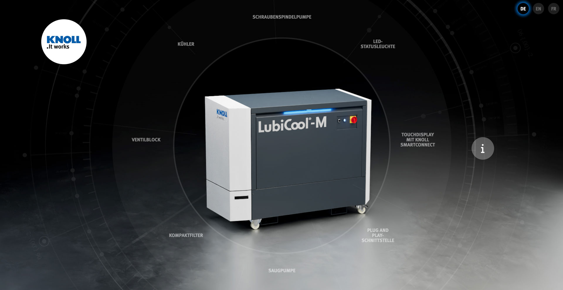 Startseite der Interaktiven 3D-Anwendung für die Kühlschmiermittel Maschine LubiCool-M von Knoll mit 3D Ansicht und Touchpoints