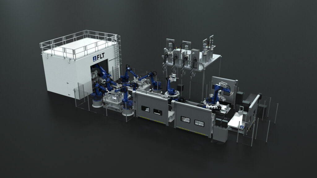 3D-Visualisierung einer Flexzelle von Läpple FLT mit Roboterarmen