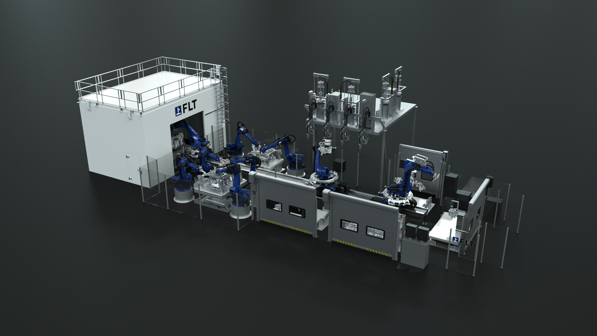 Technische 3D-Visualisierung einer Flexzelle von Läpple FLT mit Roboterarmen