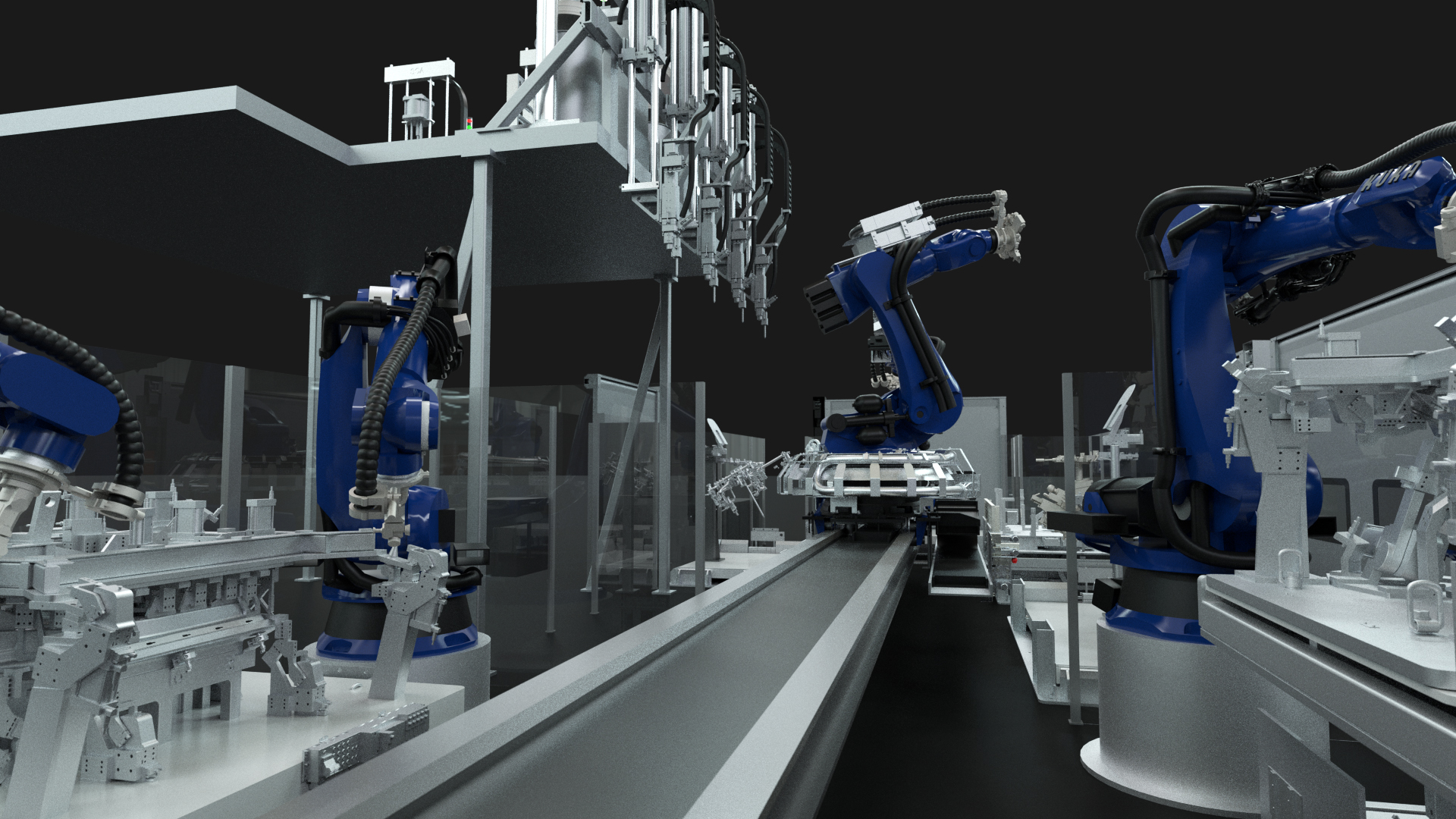 Technische 3D-Visualisierung von Roboterarmen von Läpple FLT in einer Flexzelle