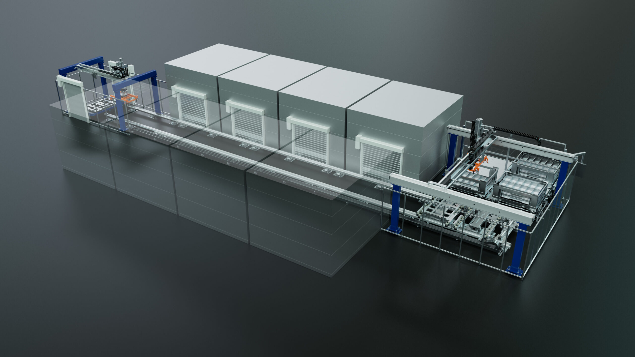 3D Prozessvisualisierung des Battery Handling Prozess von Läpple, Durchsicht auf die Fertigungsstraße