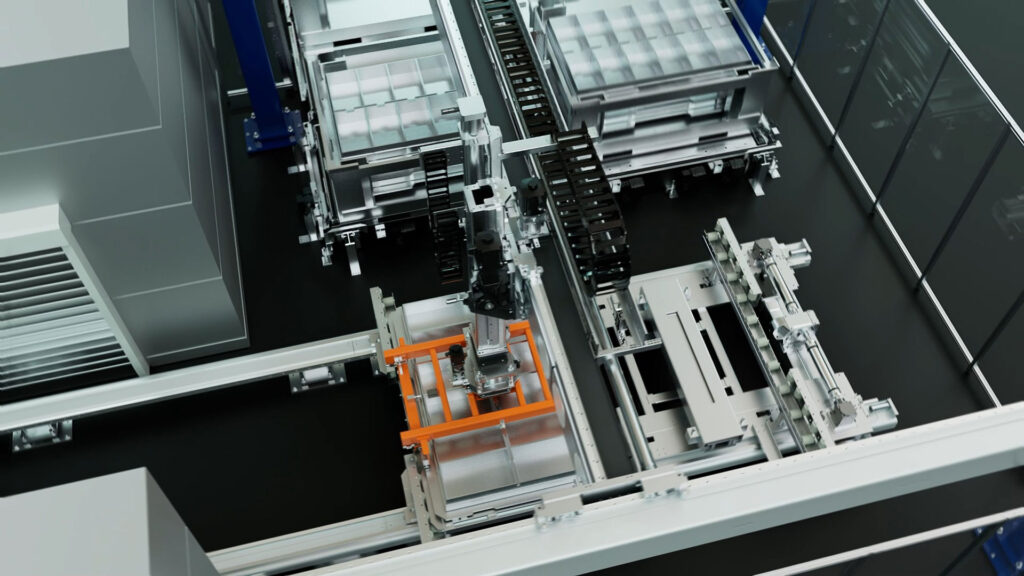 3D Visualisierung der Battery Handling Anlage von Läpple mit Fokus auf die Vierteilmaschine