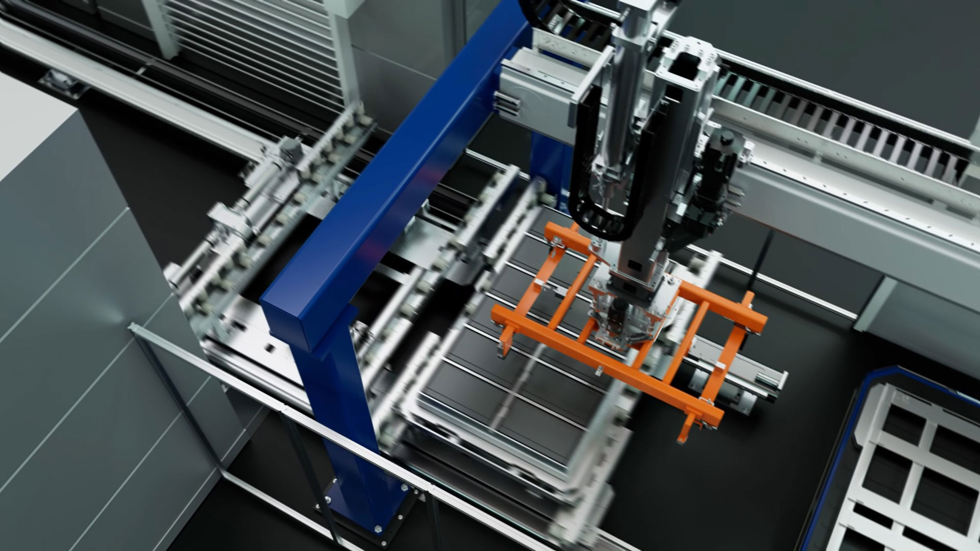 3D Prozessvisualisierung der Battery Handling Anlage von Läpple mit Fokus auf die Verteilmaschine