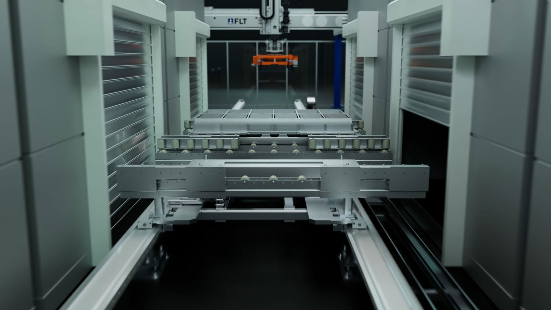 3D Prozessvisualisierung der Battery Handling Anlage von Läpple mit Fokus auf die Mittelschiene