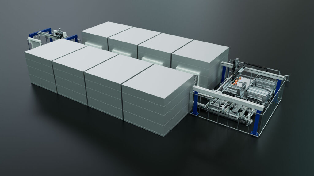 3D Visualisierung der Battery Handling Anlage von Läpple mit 8 Batterien