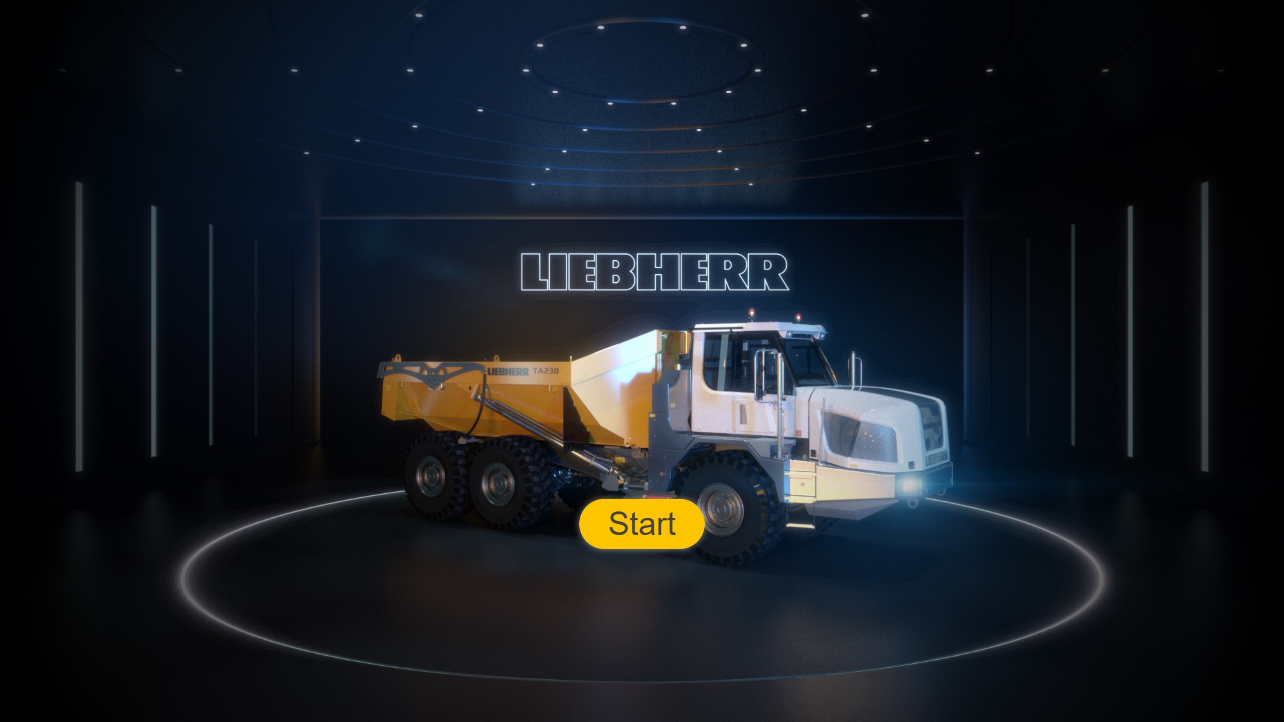 Startseite der Interaktiven App von Liebherr mit dreidimensionalem Radlader und Start Button