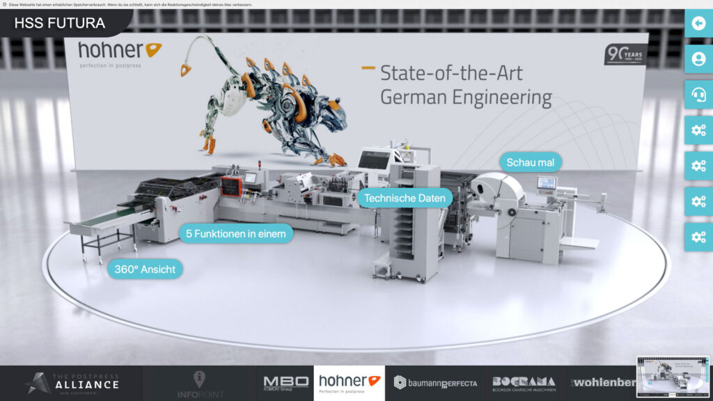 Virtueller Messestand von Hohner mit ausgestellter Drucktechnologie und 360 Grad Ansicht