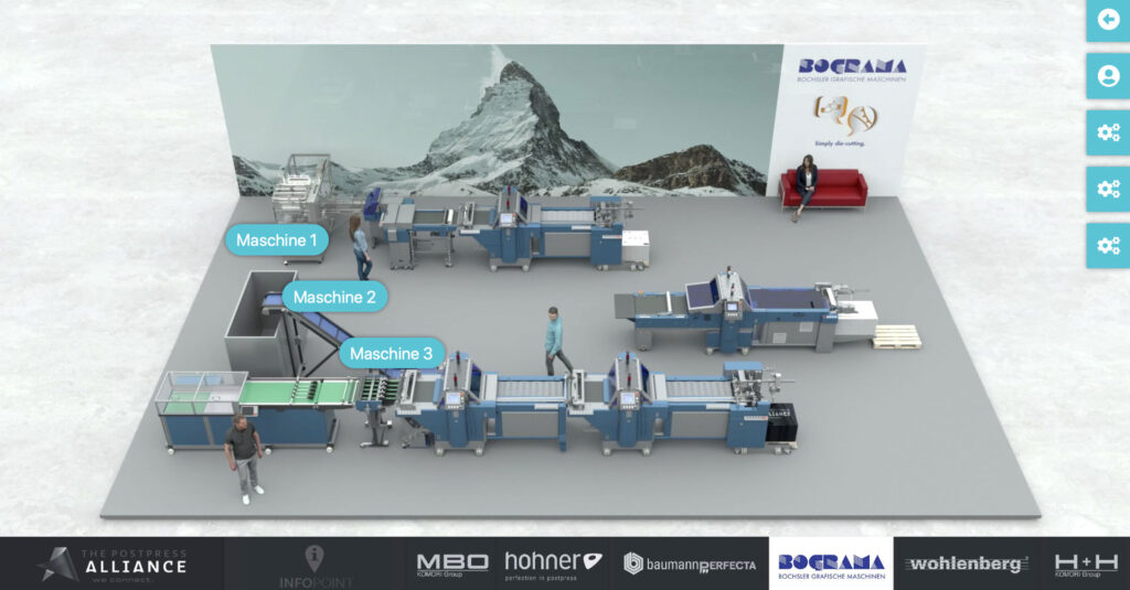 Virtueller Messestand von Bogramer mit 3 ausgestellten Druckmaschinen und Touch Points