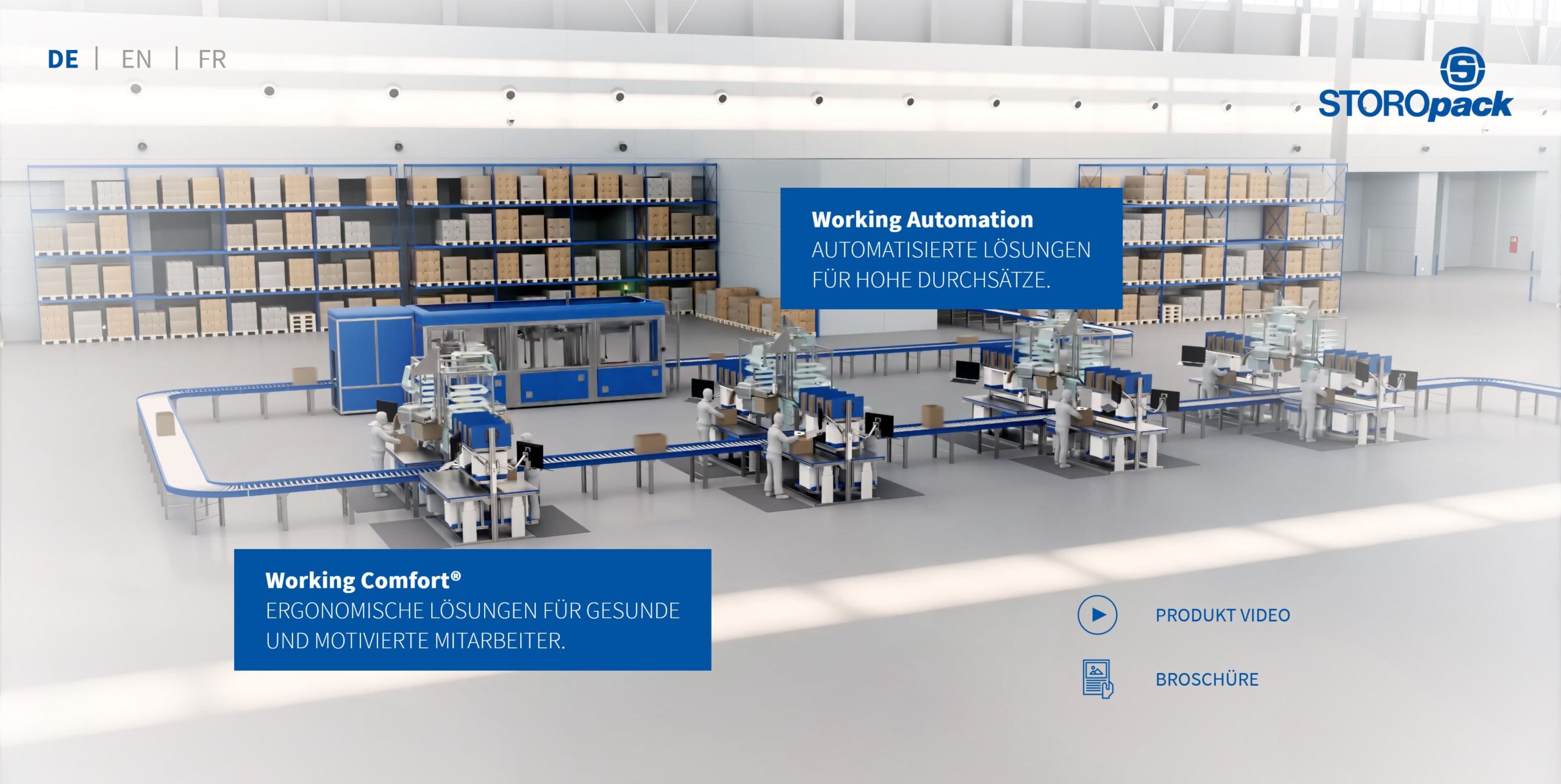Startseite der Interaktiven 3D-Anwendung für Storopack mit 3D animierten verpackungsprozess in einer Halle