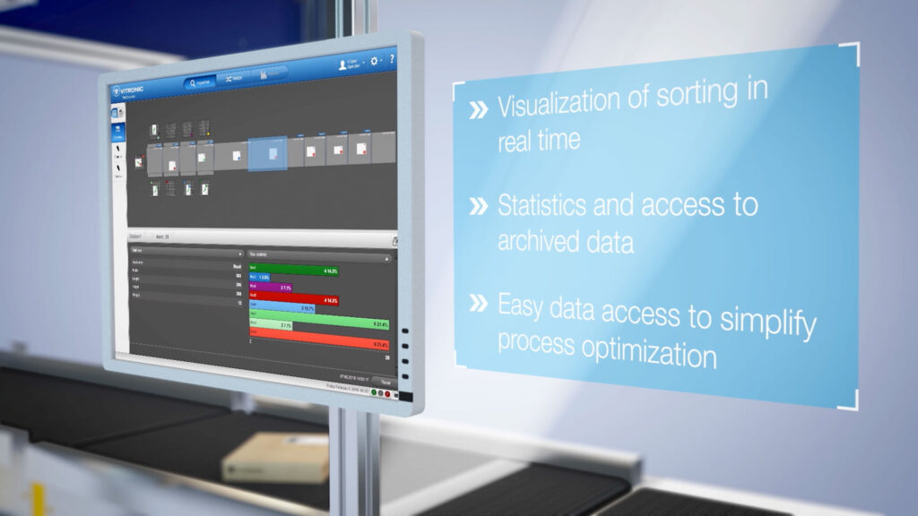 Nahaufnahme des Displays einer 3D animierten Paket sortieranlage von Vitronic