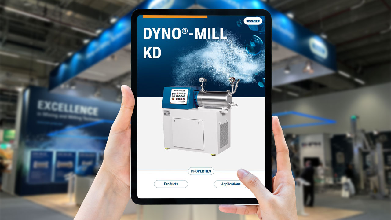 Startseite der Interaktiven Anwendung für den Messestand von WAB mit 3D Visualisierung der Dyno Mill KD auf einem Tablett